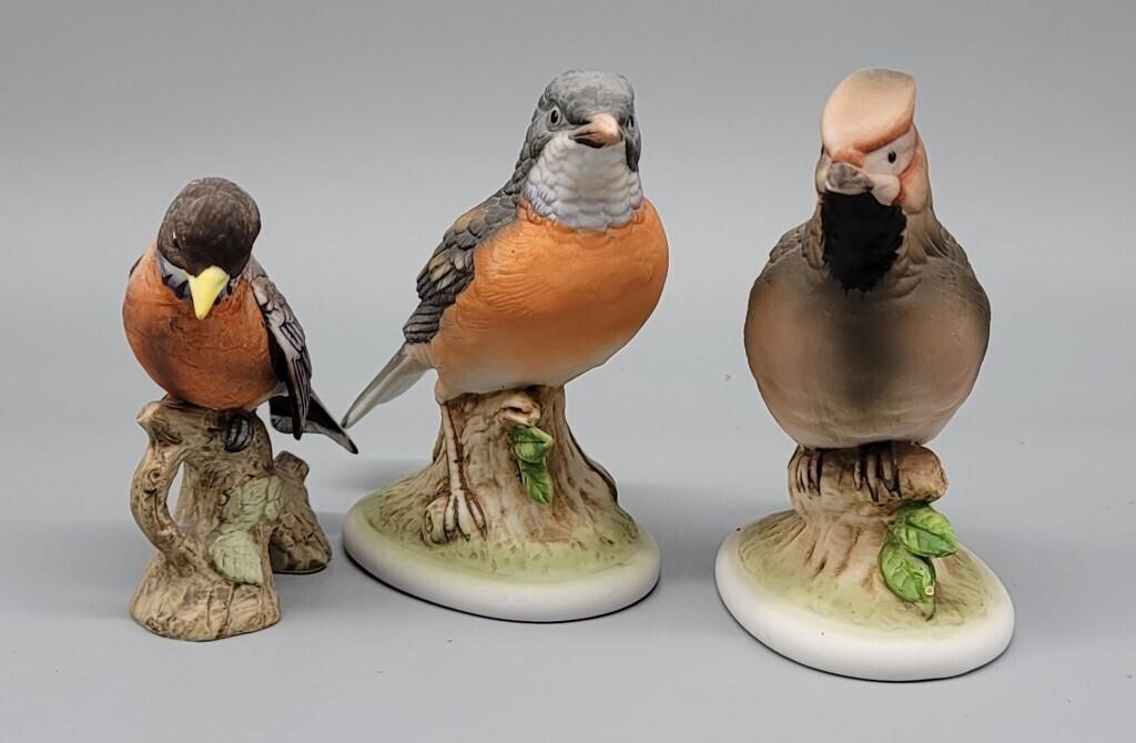 (3) Bird Figurines, 2 Robins and 1 Waxwing