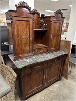 ANTIQUE MARBLE TOP HUNT CABINET BUFFET NOTE