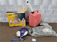 Auto booster pack, gas can, measure tape, etc
