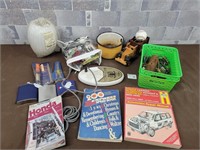 Vintage auto books, wood modle car, shoe string