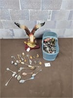 Large spoon collection and eagle figure