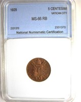 1929 5 Centesimi NNC MS66RB Vatican City