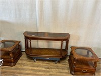 Burl Finish & Smoked Glass Console & 2 End Tables