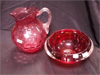 Two pieces of cranberry glass: 8" high pitcher