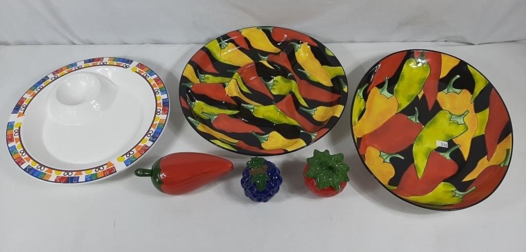 Hand painted platter dishes and ceramic fruit