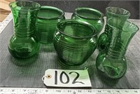 6 Pieces of Green Glass Vases & Planters
