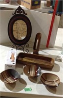 Mirror on tripod, spice grinder, wood bowl, more