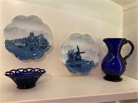 Two Decorative Plates and Two Cobalt Glass Pieces