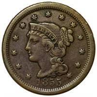 1855 Braided Hair Large Cent ABOUT UNC