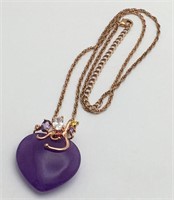 Bronze Tone Necklace W Purple Heart Stone Pendant