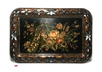 Wooden Peacock & Floral Tray with Reticulated
