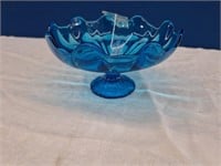 LE Smith Glass Blue Pedestal Bowl Ruffled Edge