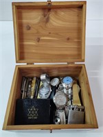 VINTAGE BOX OF WATCHES, POCKET KNIVES & LIGHTER
