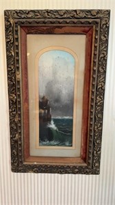 Antique framed original oil pastel ocean waves