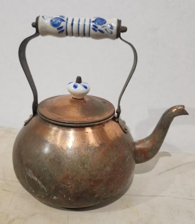 Vintage 1920's Copper Teapot with Ceramic Handles