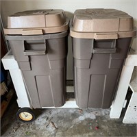 2 Sears Garbage Trash Cans & Rolling Wood Cart