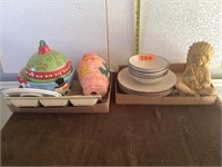 2 flats pottery & bowls, Indian statue