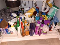 All the cleaning supplies under the sink.