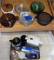 Small bake dishes, percolator, coffee grinder,