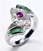 925 Sterling Silver 1.35 cts Emerald & Ruby Ring