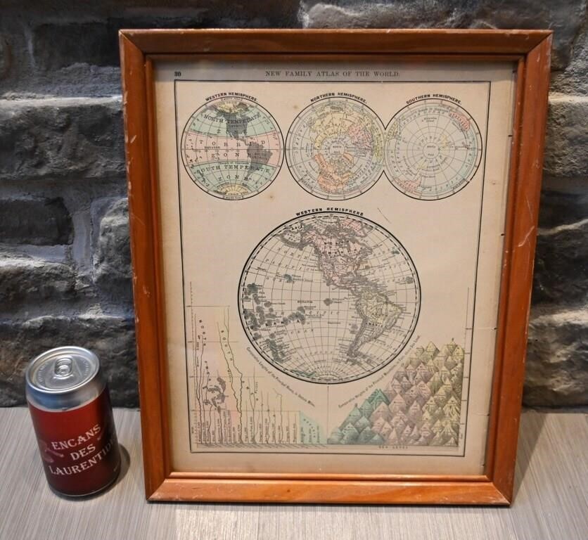 Antique carte du monde Rand McNally, 1891,