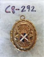 C8-292 gold filled locket w/enameled crest 2" x 1