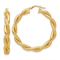 14K- Polished and Textured Twisted Round Hoops
