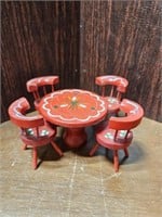 FIVE PIECE RED WOODEN MINIATURE TABLE & CHAIRS