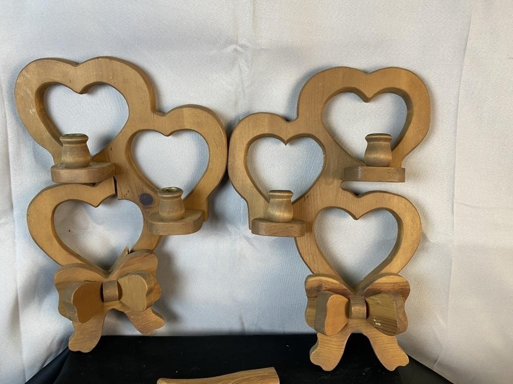 Vintage Wood Heart Shaped Candle Sconces