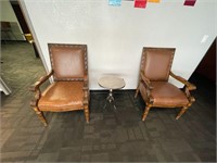 2 Brown Leather Chairs and small table
