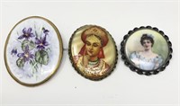 3 Victorian Hand Painted Brooch GF & Sterling