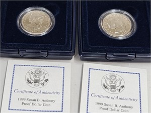 2- 1999 Susan B> Anthony Proof Dollar Coin