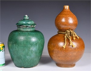 A Green-Glazed Covered Jar & A Brown-Glazed Gourd