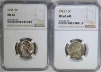 NGC GRADED NICKELS: 1938 MS-66 & 43-D MS-65 6 FS