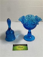 Blue Glass Hobnail Bowl & Bell