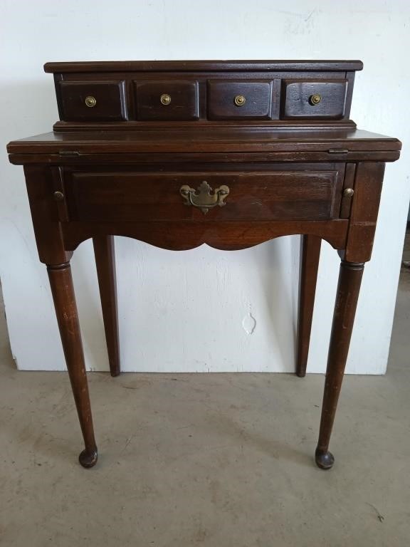 Walnut desk w/ between and legs, drop front