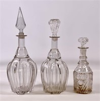 3 decanters: 2 ribbed, blown glass, 5" dia.,