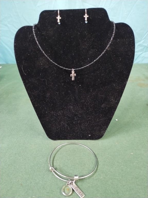 Cross silver colored earrings, beaded necklace 8"