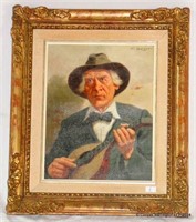 Signed F Berger Mandolin Player Oil Painting