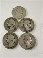 5 Washington Silver Quarters: 1935 thru 1938