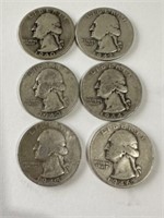 6 Washington Silver Quarters: 1940, 1942D, 1943,