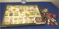 Lions Club Pins & Patch in Display Case & Ribbons