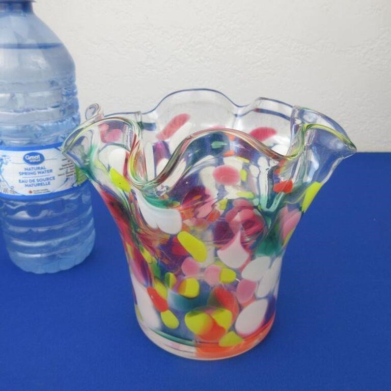 Hand Blown Confetti Glass Ruffled Edge Vase 5.25"H