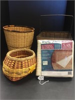 3 MISC BASKETS AND 1 5X8 RUG PAD (NEW)