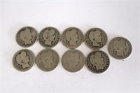 9 Silver Barber Quarters 1906-1916