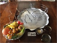 ETCHED ALUMINUM TRAY, PLASTIC FRUIT IN BOWL,