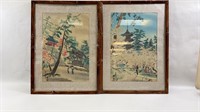 2 Vintage Japanese Woodblock Prints With Bamboo