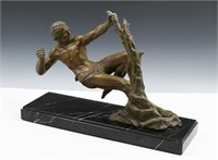 ART DECO PATINATED METAL SCULPTURE OF MALE ATHLETE