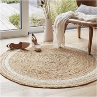 Jute Rug 6 Feet - Braided White Rings Carpet