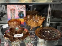 4 Pieces of Carnival Glass and Book